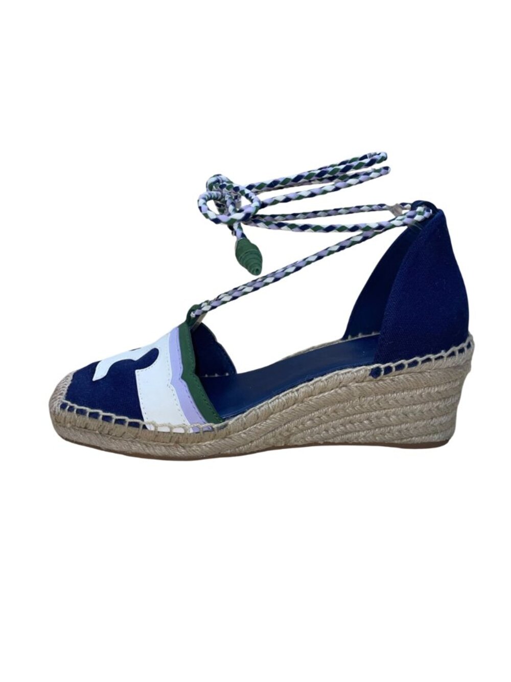 Tory Burch Women’s White & Blue Canvas Lace-Up Espadrille Wedge Sandals Size 8M - Picture 4 of 9